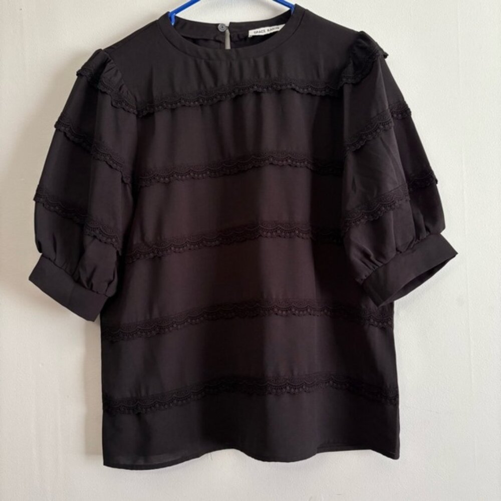 Grace Karin Black Puff Sleeve Boxy Blouse - Medium - Crochet Lace Detail